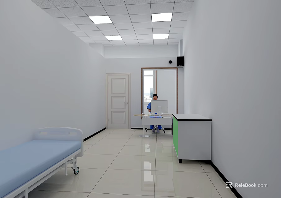 School Infirmary Room With White Walls Ceiling Lights Wheeled Bed And Computer Desk 3d model 