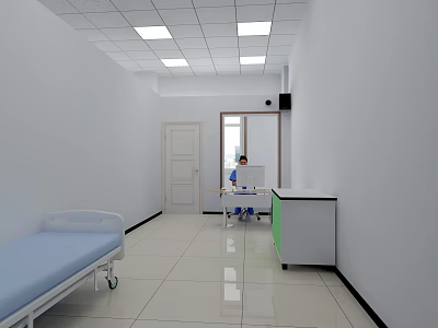 School Infirmary Room With White Walls Ceiling Lights Wheeled Bed And Computer Desk 3d model