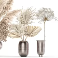 Silver Metallic Decorative Vases With Dried Pampas Grass And Palm Leaves Arrangement
