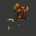 Tree with Yellow and Red Leaves in Red Cart Surrounded by Green Grass