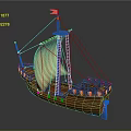 Wooden Sailing Ship With Striped Sail And Colorful Flags On Deck Decoration