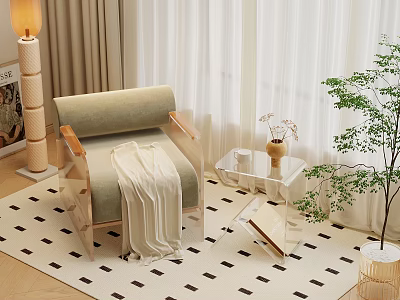Modern Elegant Living Room With Armchair Rug Floor Lamp And Green Plant 3d model