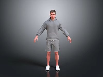 A Man Standing in Gray Hoodie and Gray Shorts with White Shoes on Gradient Background 3d model