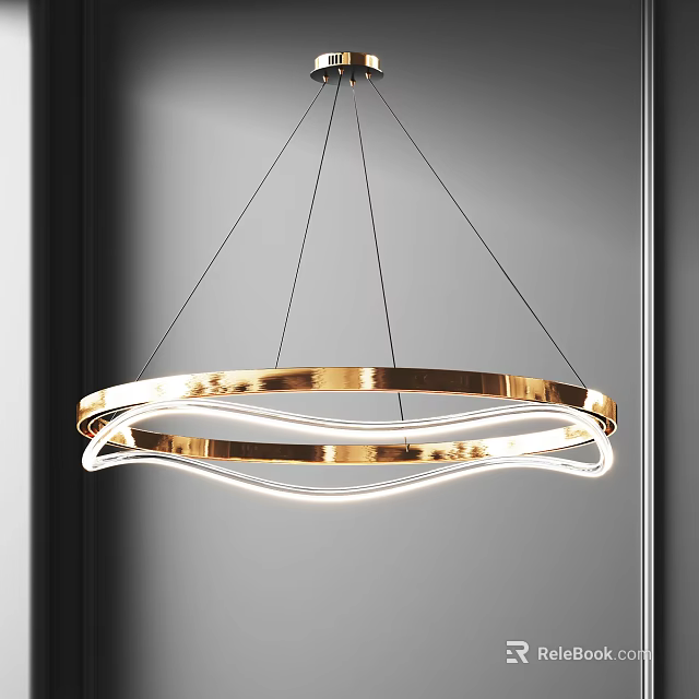 Modern Elegant Gold Metal Chandelier with Curved Ring LED Light Fixture Design 3d model 