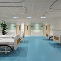 Hospital Ward Interior With White Beds Blue Floor Green Plant And Ceiling Design