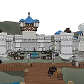 Medieval Castle With Blue Roofs White Walls Towers And Ship On Island
