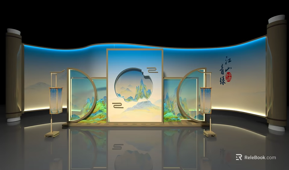 Chinese Traditional Decorative Screen With Circular Frames And Landscape Paintings 3d model