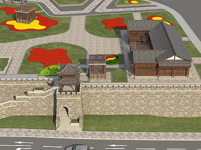 Ancient Architecture With Traditional Roof Stone Wall Courtyard And Gateway Steps 3d model