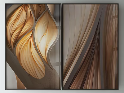 Two Panel Modern Abstract Wall Art With Curved Lines And Warm Tones 3d model