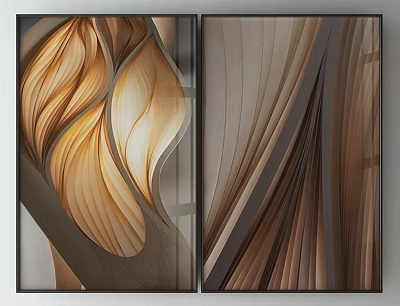 Two Panel Modern Abstract Wall Art With Curved Lines And Warm Tones 3d model