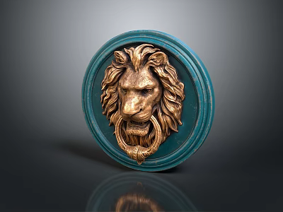 Circular Decorative Door Knocker With Blue Frame And Golden Lion Head Sculpture 3d model