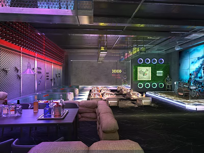 Modern Bar Interior With Colorful Lighting Sofa Seating And Decorative Walls 3d model