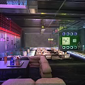 Modern Bar Interior With Colorful Lighting Sofa Seating And Decorative Walls