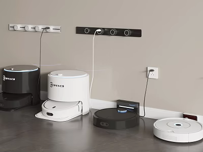Modern Home Floor Cleaning With ECOVACS Robotic Vacuums Black White Models And Charging Stations 3d model
