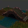 3D Model of Stone Arch Bridge With Lamp Posts Over Water And Textured Ground