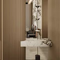 Modern Entryway Hallway Interior With Wooden Panels Marble Countertop And Hanging Lights