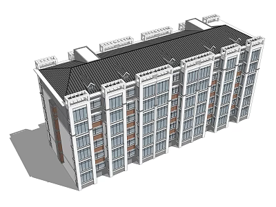 Modern Residential Building Exterior With Multiple Floors Black Roof Windows And Decorative Railings 3d model