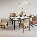 Modern Dining Table Set With Brown Beige Chairs Dinnerware Vase And Hanging Light 3d model