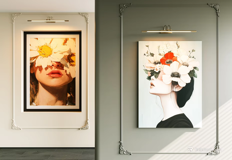 Abstract Paintings With Floral Covered Female Figures And Yellow White Red Flowers In Decorative Frames 3d model 