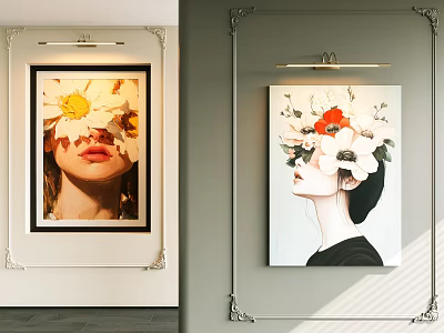 Abstract Paintings With Floral Covered Female Figures And Yellow White Red Flowers In Decorative Frames 3d model