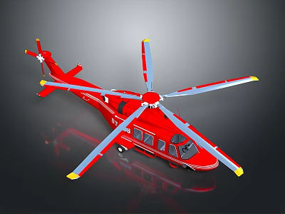 Red Space Exploration Helicopter With Multiple Rotors And Blue White Yellow Blades 3d model