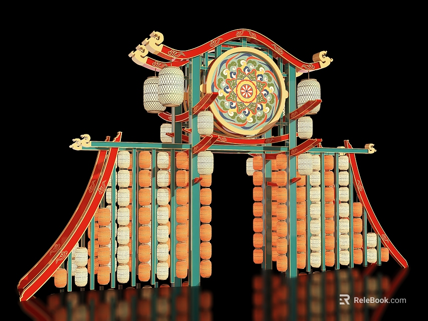 Traditional Chinese Gate Featuring Red Decorations Circular Colorful Pattern Lanterns Columns And Dragon Ornaments 3d model 