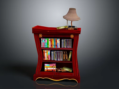 Red Wooden Bookshelf Interior With Stacked Books CDs And Table Lamp On Top 3d model
