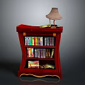 Red Wooden Bookshelf Interior With Stacked Books CDs And Table Lamp On Top