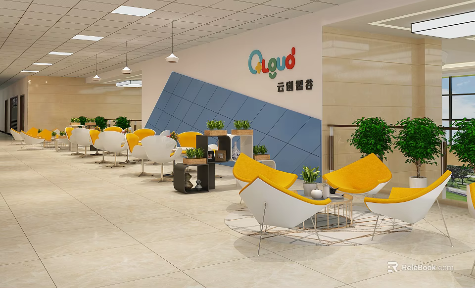 Office Passageway With Yellow White Seats Green Plants Blue Beige Wall Design And Qayud Logo 3d model 