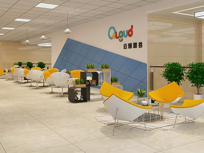 Office Passageway With Yellow White Seats Green Plants Blue Beige Wall Design And Qayud Logo 3d model