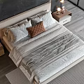 Modern Double Bed with Beige Headboard Brown Pillows and Nightstand Lamps in City View Bedroom