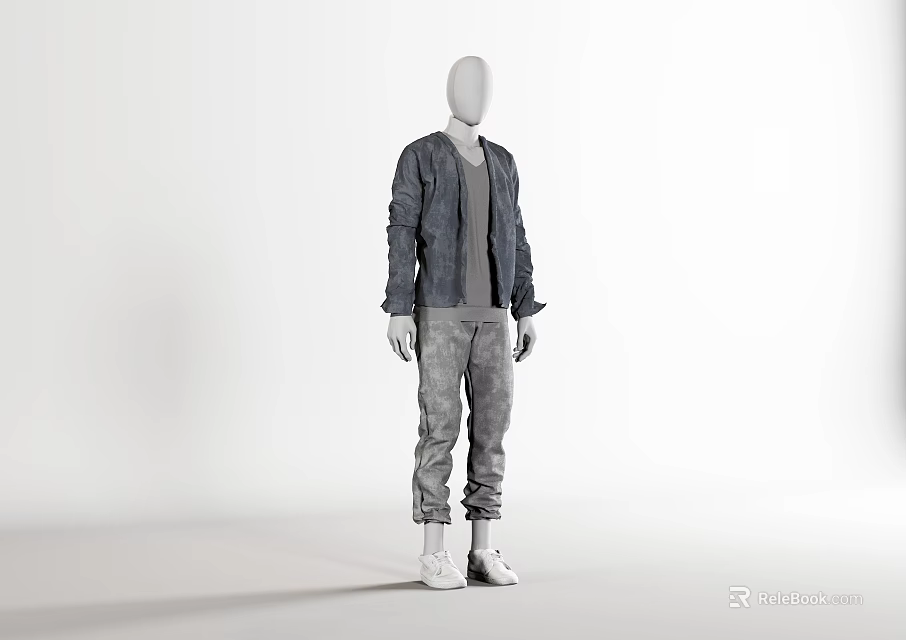 Mannequin Wearing Gray Jacket Gray T-Shirt Camouflage Pants And White Shoes On White Background 3d model 