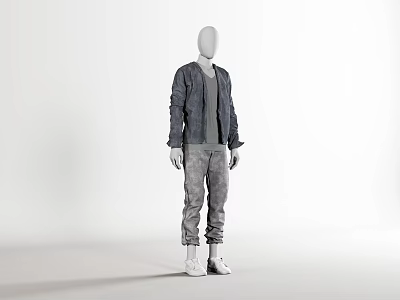 Mannequin Wearing Gray Jacket Gray T-Shirt Camouflage Pants And White Shoes On White Background 3d model