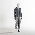 Mannequin Wearing Gray Jacket Gray T-Shirt Camouflage Pants And White Shoes On White Background