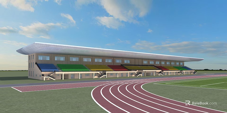 Modern Outdoor Public Stadium With Red Running Track And Colorful Seats 3d model 