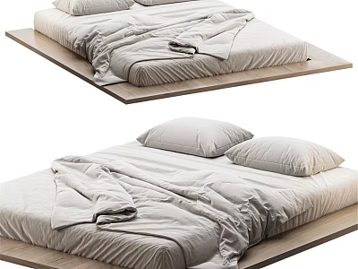 Minimalist Double Bed With Wooden Platform Frame Light Gray Mattress Pillows And Blanket 3d model