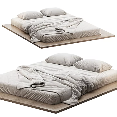 Minimalist Double Bed With Wooden Platform Frame Light Gray Mattress Pillows And Blanket 3d model