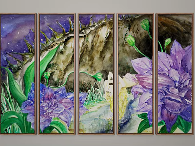 Five Panel Watercolor Painting Featuring Purple Flowers Green Leaves Rocky Cliff And Purple Sky 3d model