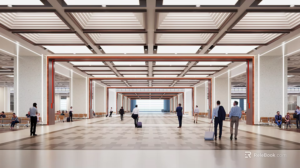 Modern Station Hall Interior Featuring High Ceiling Design And Passengers With Luggage 3d model 