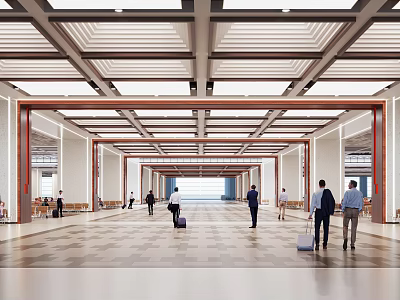 Modern Station Hall Interior Featuring High Ceiling Design And Passengers With Luggage 3d model
