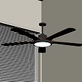 Modern Ceiling Fan With Wooden Blades And Light Near Window Blinds In Room Corner