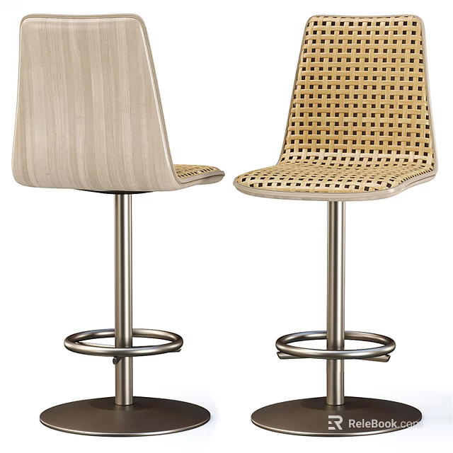 Modern Wooden and Woven Bar Stools with Metal Frame and Circular Footrest 3d model 