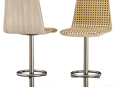 Modern Wooden and Woven Bar Stools with Metal Frame and Circular Footrest 3d model