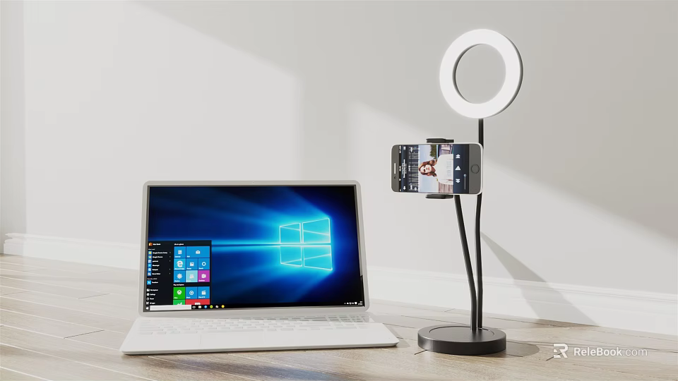 Modern Laptop Setup With Windows OS Ring Light And Phone Holder 3d model 