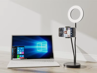 Modern Laptop Setup With Windows OS Ring Light And Phone Holder 3d model