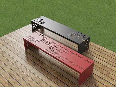 Landscape Seats Black And Red With Hollow Out Design Text On Wooden Deck Green Grass 3d model