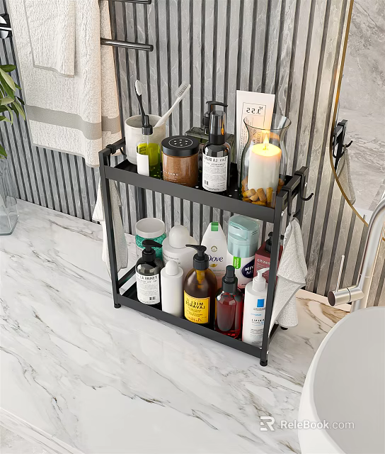 Multi Tier Bathroom Cabinet Rack With Toiletries And Bath Products On Marble Countertop 3d model 