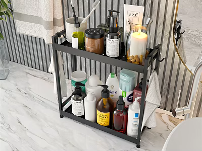 Multi Tier Bathroom Cabinet Rack With Toiletries And Bath Products On Marble Countertop 3d model