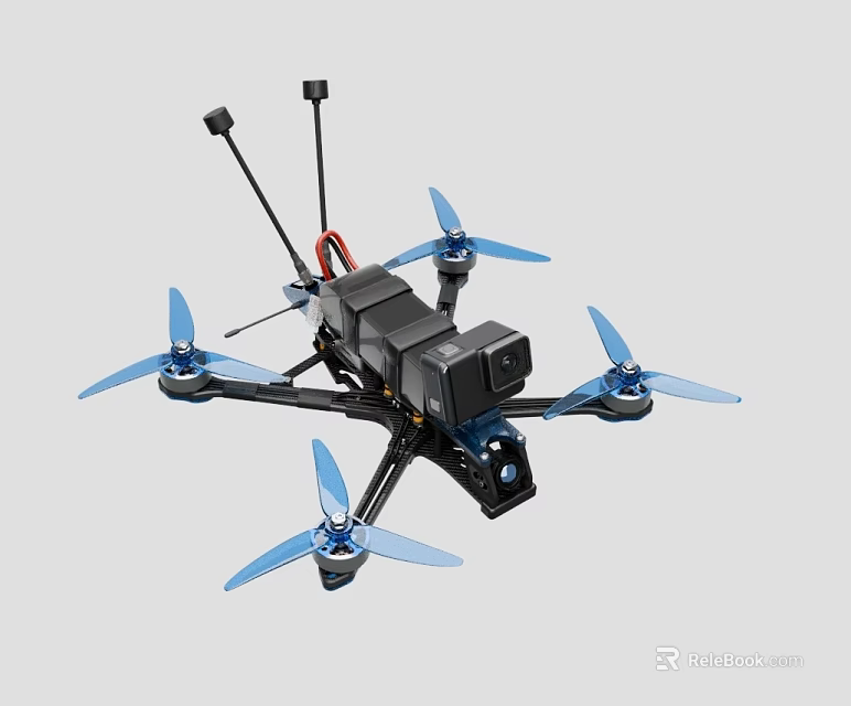 High Performance Quadcopter Drone With Camera Antennas And Blue Propellers 3d model