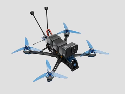 High Performance Quadcopter Drone With Camera Antennas And Blue Propellers 3d model